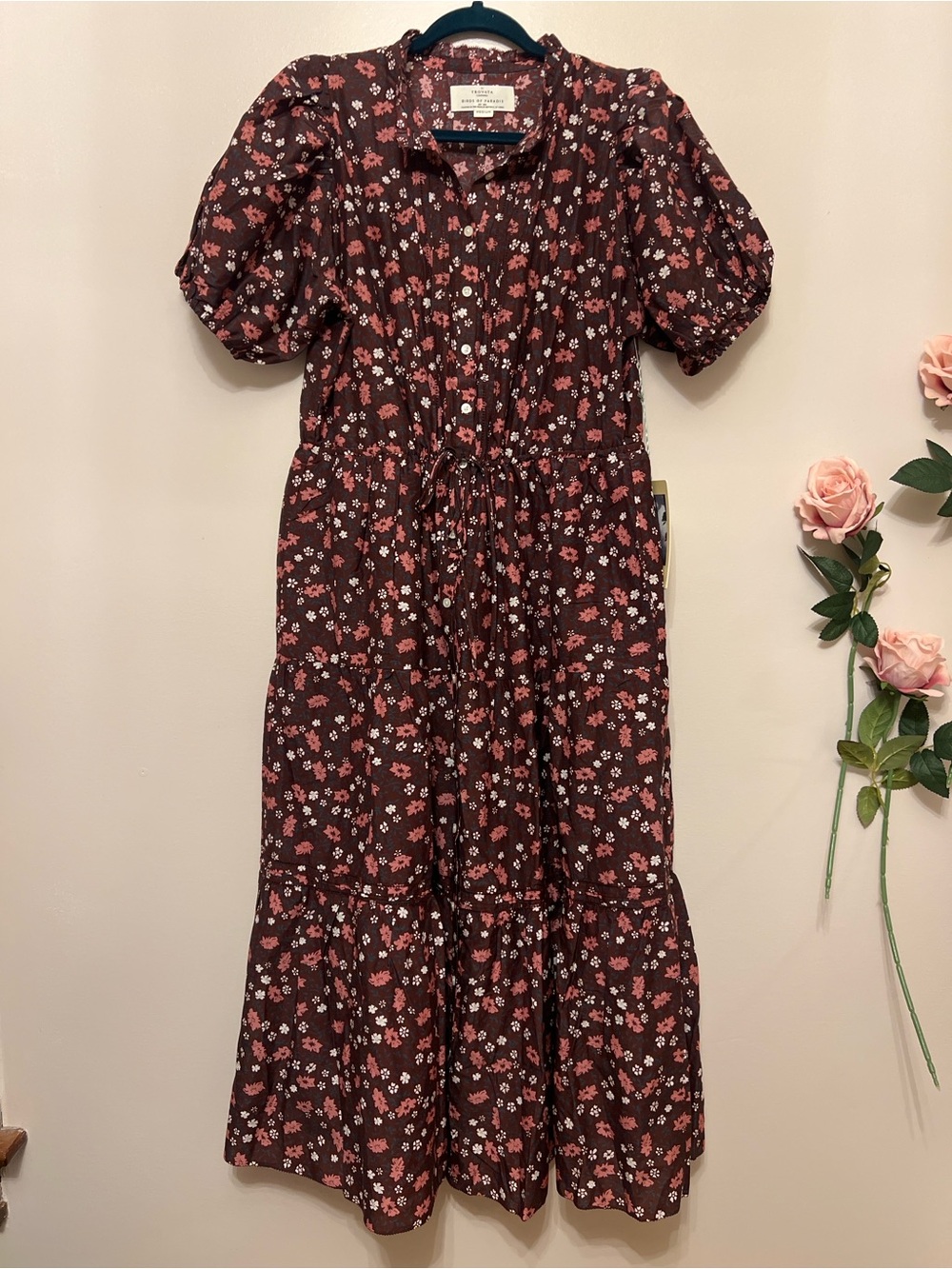 Trovata Birds of Paradis Floral Silk Cotton Midi Dress Medium Puff Sleeve Tiered - Picture 2 of 11